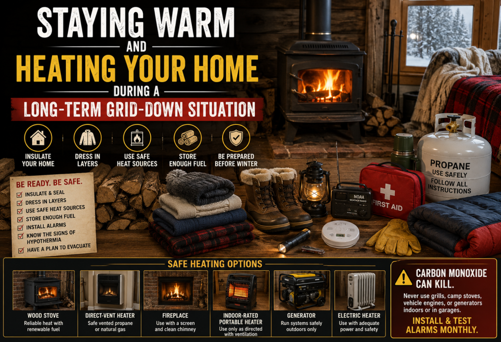 Wood stove, firewood, blankets and emergency heating supplies for a winter power outage