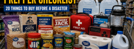 Shopping cart filled with emergency food, water, first-aid and preparedness supplies