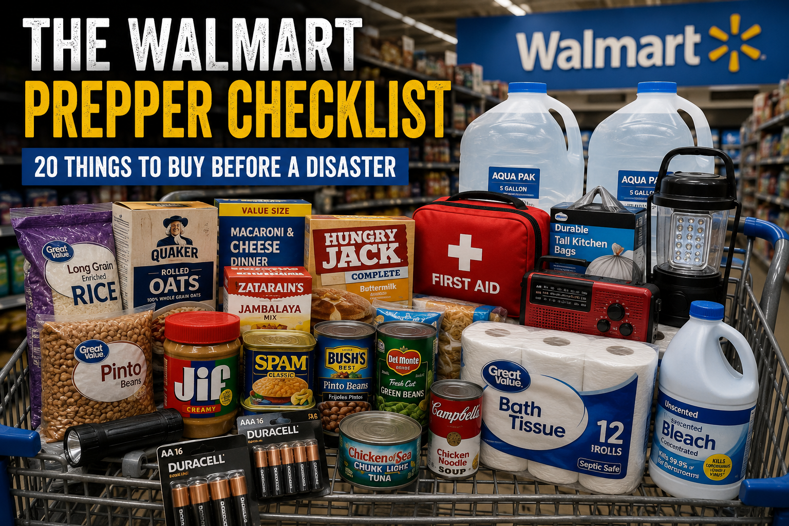 Shopping cart filled with emergency food, water, first-aid and preparedness supplies
